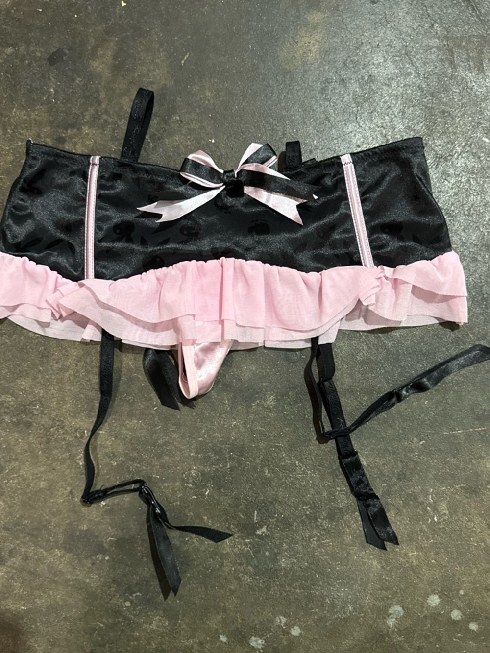 PLAYBOY Black Satin Garter Belt with Pink Ruffle and Bow